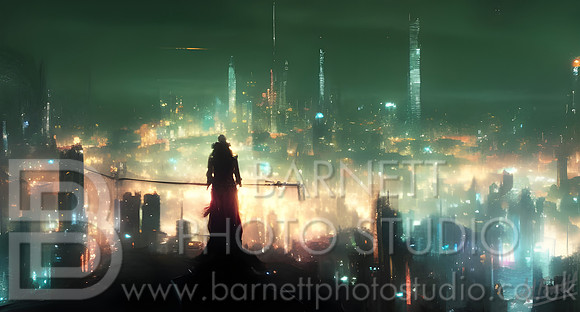 Digital Artwork of figure surveying dark city