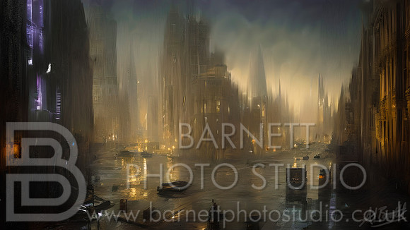 Digital Artwork of Sci-Fi City after a rain storm